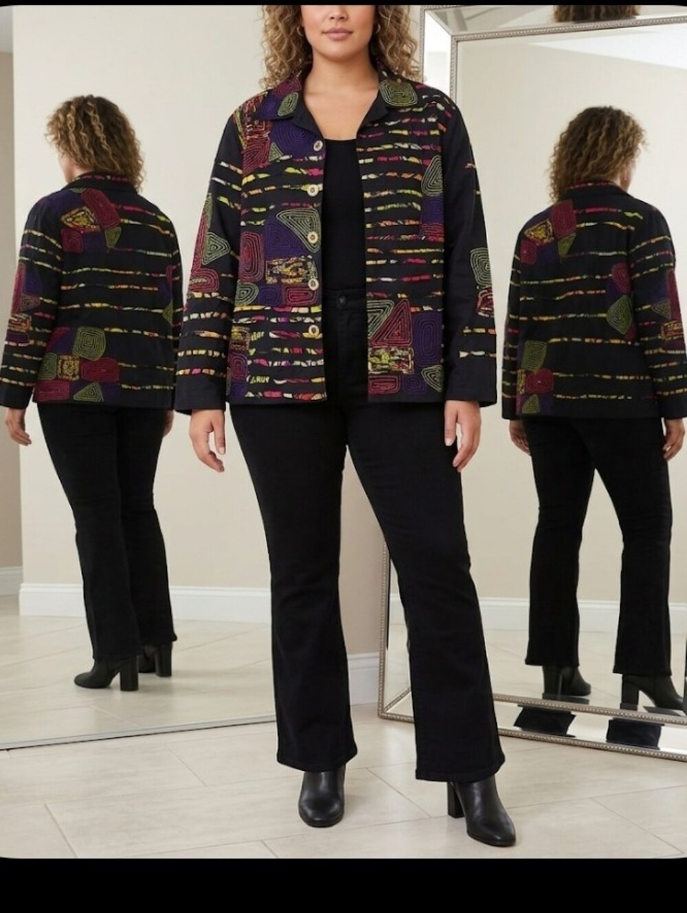 Artsy Embroidered Black Jacket 2X New Direction Geometric Stripes